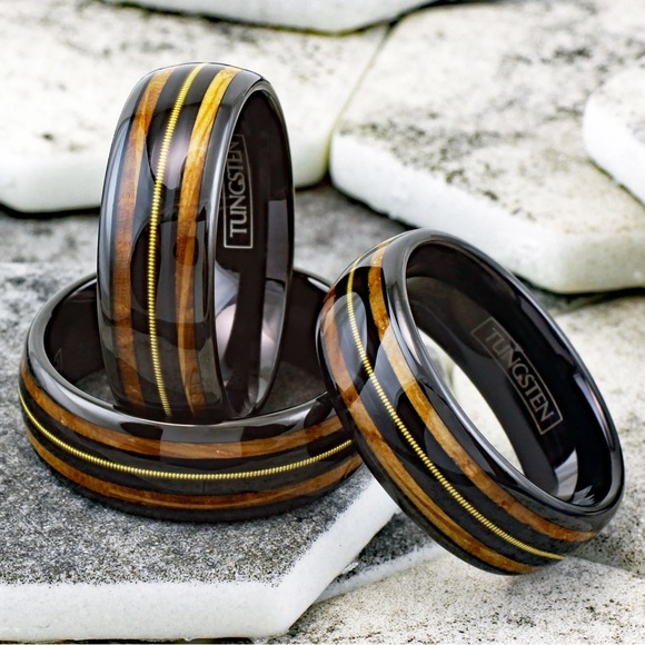 AWESOME POLISHED BLACK TUNGSTEN LOW DOME RING WITH GENUINE GUITAR STRING